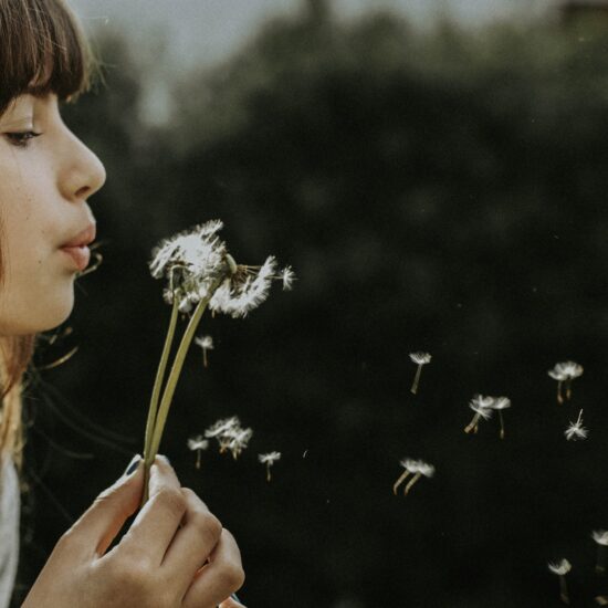 une femme respire et souffle sur une fleur pour disperser ses graines